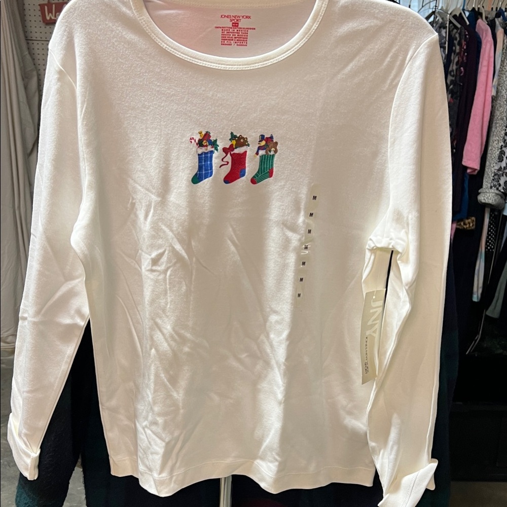 Jones New York White Long Sleeve Tee with Festive Stockings